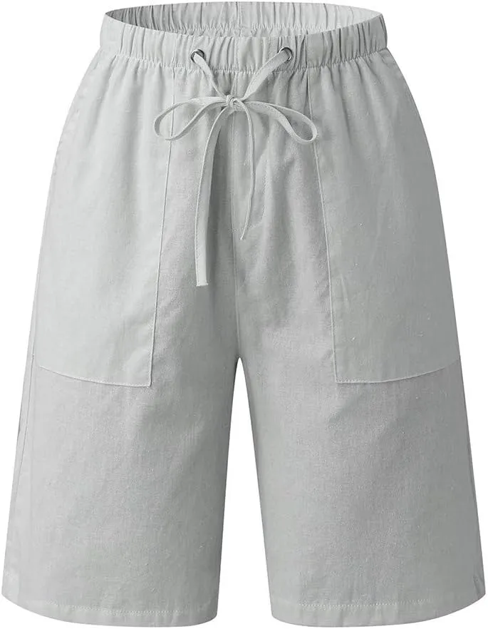 WABEOR Bermuda Shorts for Men Knee Length Cotton Linen Shorts Elastic Waist Beach Long Shorts Comfy Casual Summer Shorts