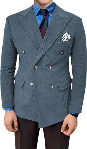 Wangyue Mens Corduroy Double Breasted Blazer Casual Blazer Jacket Vintage Slim Fit Peak Lapel Jacket Sport Coat
