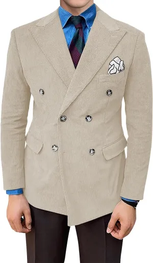 Wangyue Mens Corduroy Double Breasted Blazer Casual Blazer Jacket Vintage Slim Fit Peak Lapel Jacket Sport Coat