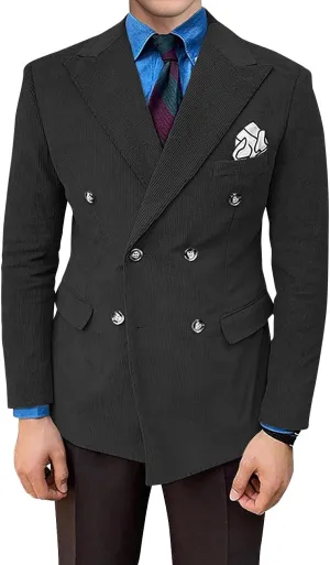 Wangyue Mens Corduroy Double Breasted Blazer Casual Blazer Jacket Vintage Slim Fit Peak Lapel Jacket Sport Coat