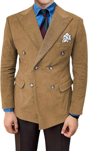 Wangyue Mens Corduroy Double Breasted Blazer Casual Blazer Jacket Vintage Slim Fit Peak Lapel Jacket Sport Coat