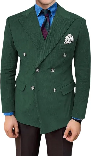 Wangyue Mens Corduroy Double Breasted Blazer Casual Blazer Jacket Vintage Slim Fit Peak Lapel Jacket Sport Coat