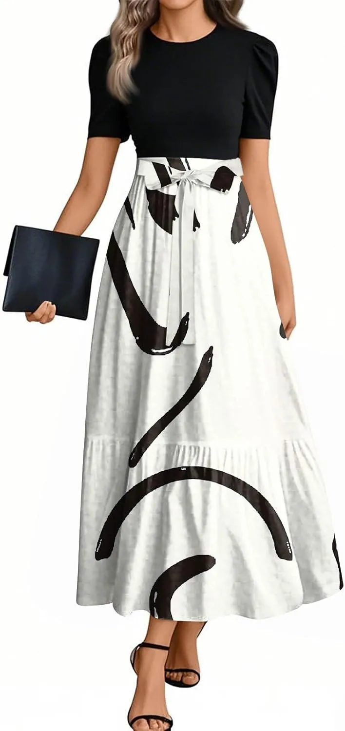 Wedding Guest Dresses for Women Empire Waist Short Sleeve Round Neck Print Dresse Elegant Temperament Dress