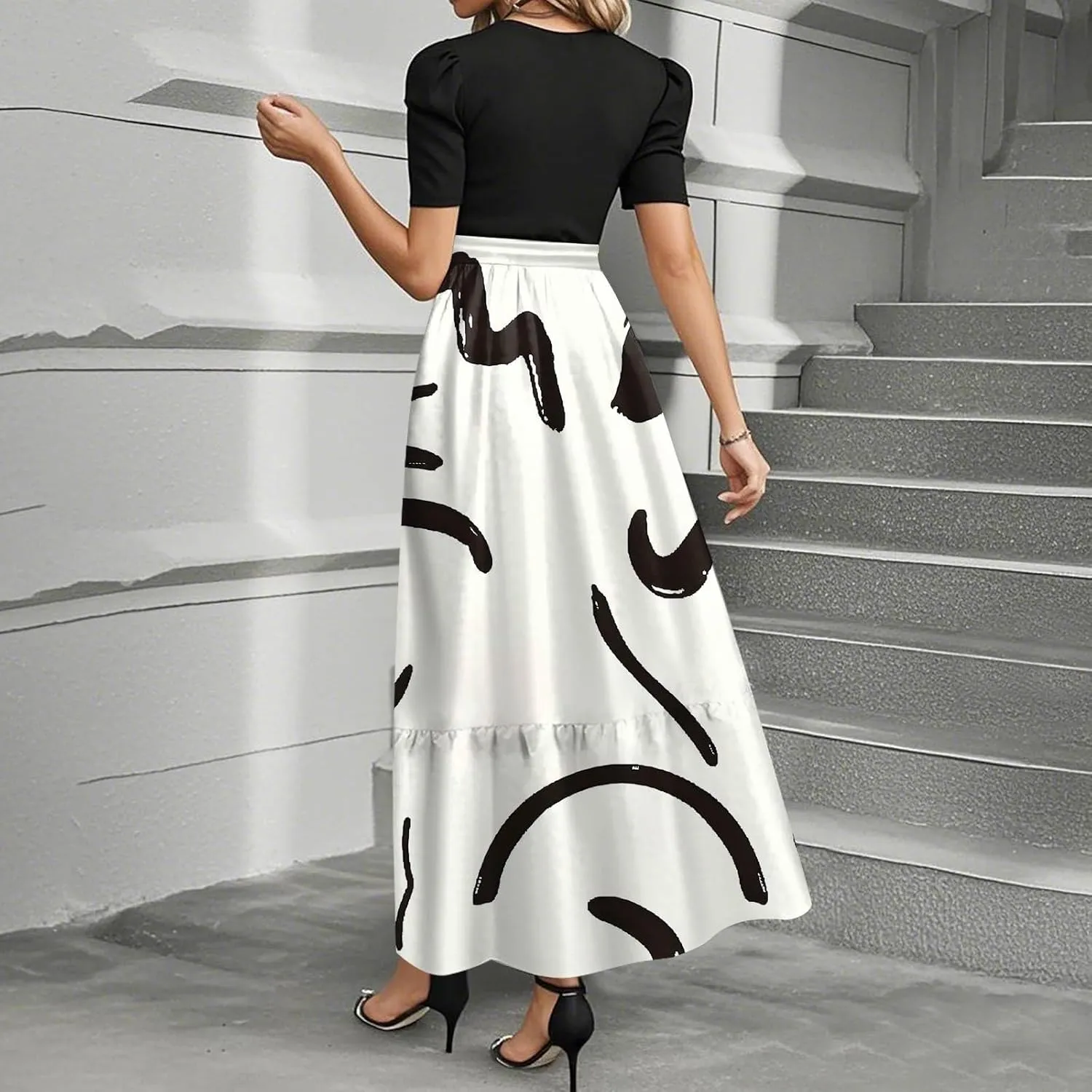 Wedding Guest Dresses for Women Empire Waist Short Sleeve Round Neck Print Dresse Elegant Temperament Dress