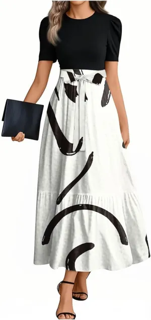 Wedding Guest Dresses for Women Empire Waist Short Sleeve Round Neck Print Dresse Elegant Temperament Dress