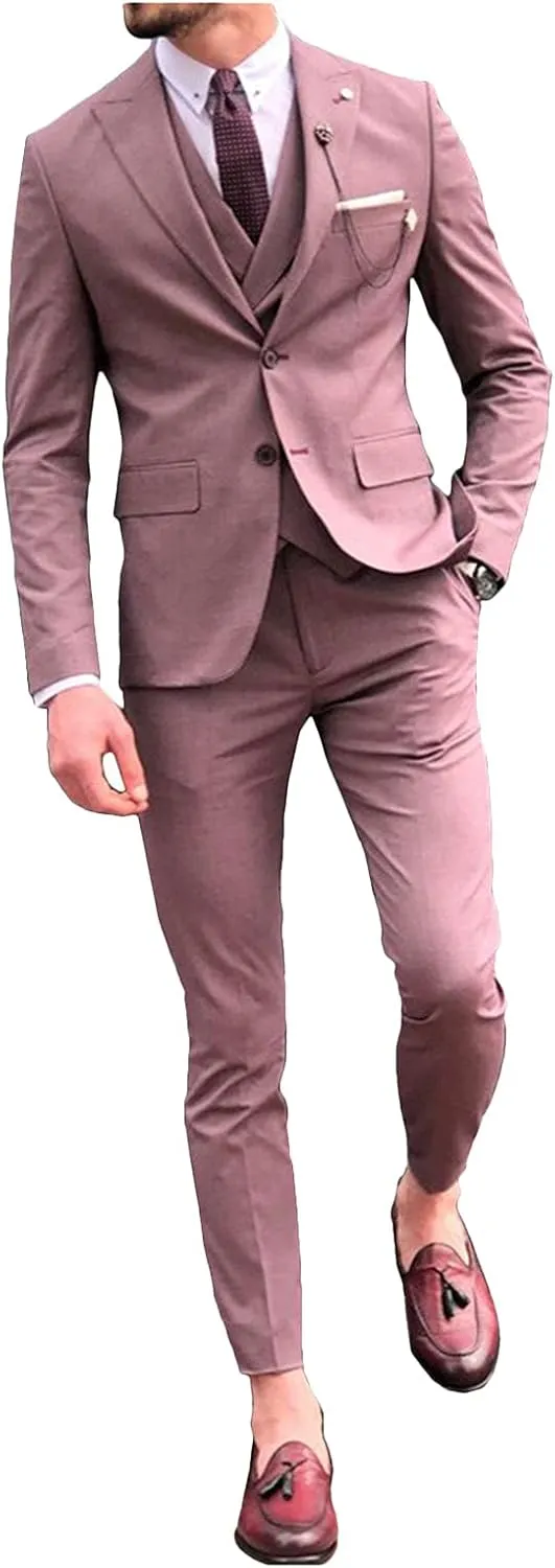Wemaliyzd Men's 3 Piece Classic Fit Suit Set, Peak Lapel Tuxedo Blazer Coat Vest Pants Evening Party