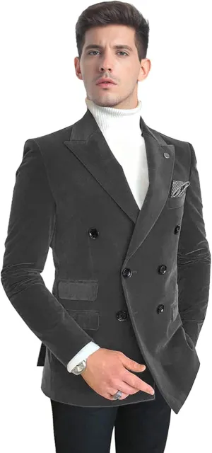 Wemaliyzd Men's Double Breasted Blazer Leisure Peak Lapel Velvet Suit Jacket Dinner Party