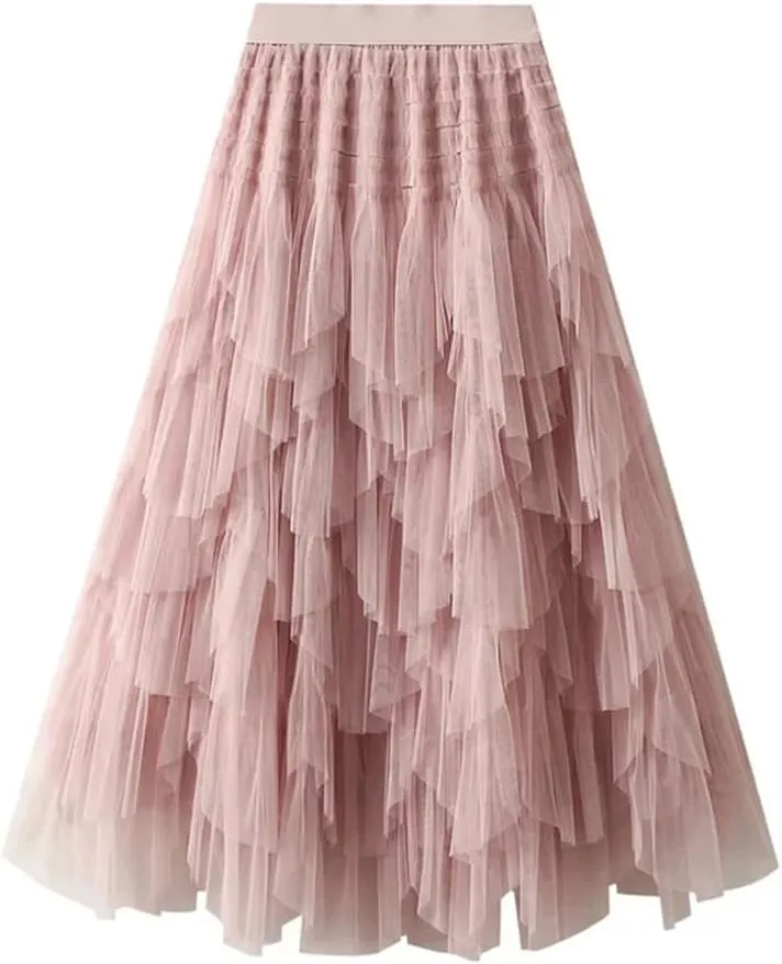 Wjnvfioo Women Mesh Skirt Elastic High Waist Long A-Line Asymmetrical Tulletiered Party Long Skirt
