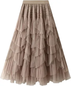 Wjnvfioo Women Mesh Skirt Elastic High Waist Long A-Line Asymmetrical Tulletiered Party Long Skirt