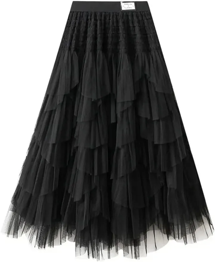 Wjnvfioo Women Mesh Skirt Elastic High Waist Long A-Line Asymmetrical Tulletiered Party Long Skirt