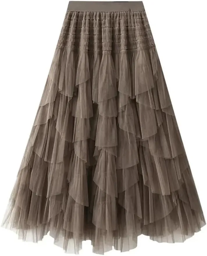 Wjnvfioo Women Mesh Skirt Elastic High Waist Long A-Line Asymmetrical Tulletiered Party Long Skirt