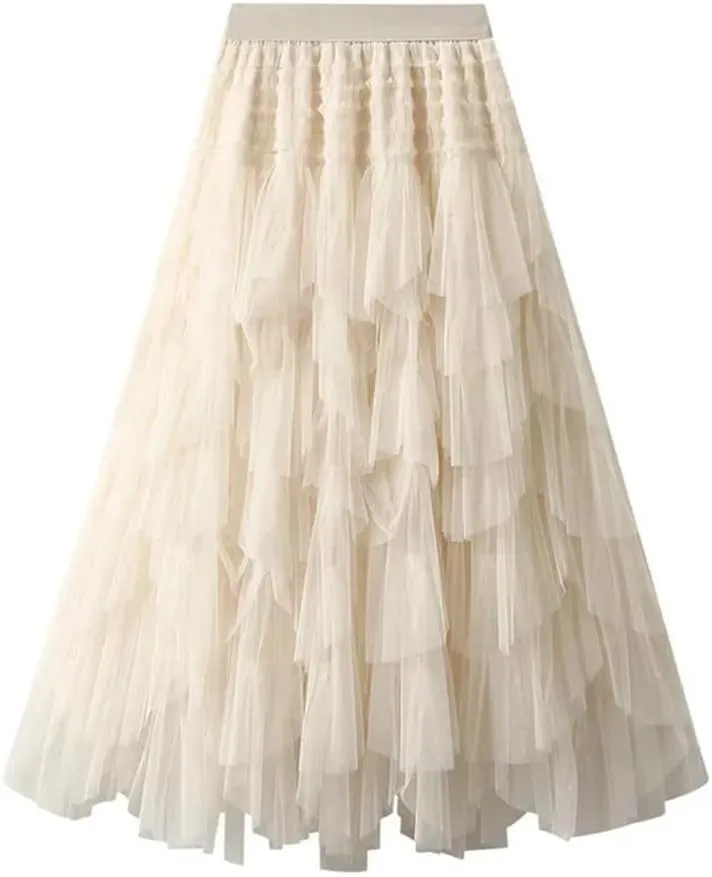 Wjnvfioo Women Mesh Skirt Elastic High Waist Long A-Line Asymmetrical Tulletiered Party Long Skirt