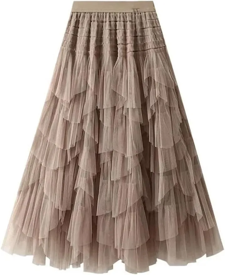 Wjnvfioo Women Mesh Skirt Elastic High Waist Long A-Line Asymmetrical Tulletiered Party Long Skirt