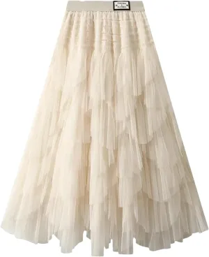 Wjnvfioo Women Mesh Skirt Elastic High Waist Long A-Line Asymmetrical Tulletiered Party Long Skirt