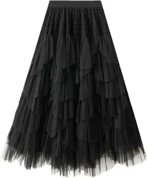 Wjnvfioo Women Mesh Skirt Elastic High Waist Long A-Line Asymmetrical Tulletiered Party Long Skirt