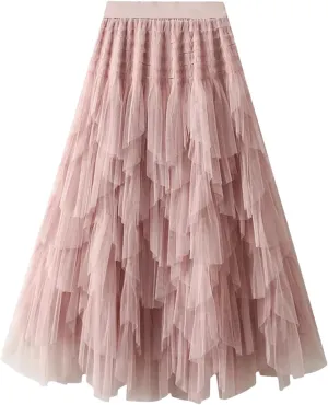 Wjnvfioo Women Mesh Skirt Elastic High Waist Long A-Line Asymmetrical Tulletiered Party Long Skirt