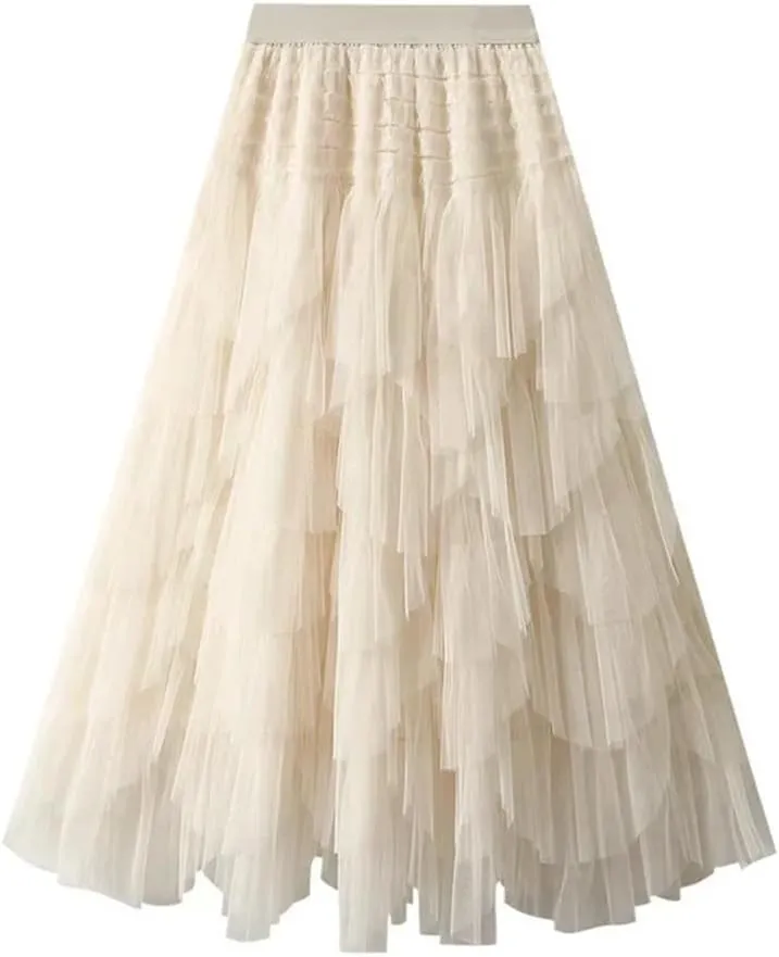 Wjnvfioo Women Mesh Skirt Elastic High Waist Long A-Line Asymmetrical Tulletiered Party Long Skirt