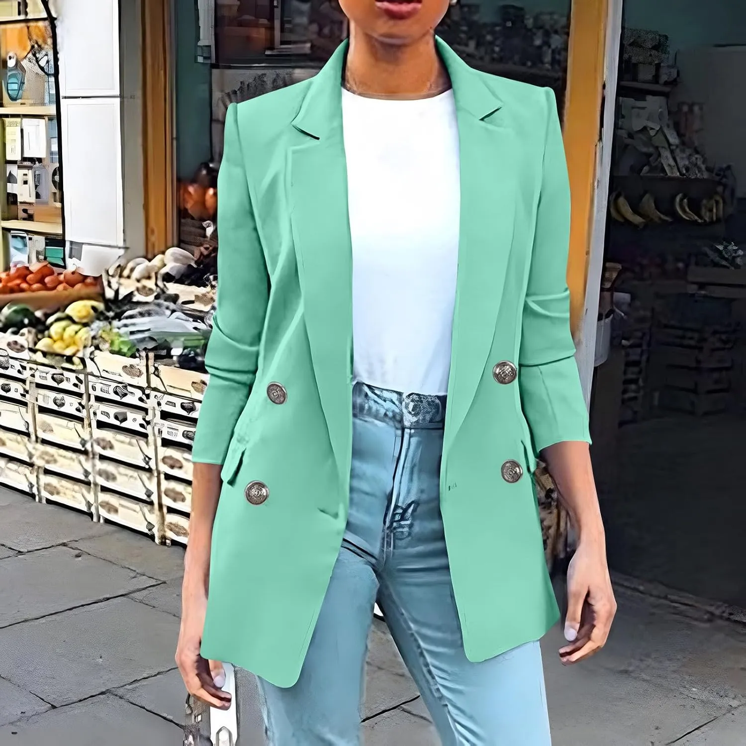 Wkishenl Blazers for Women Casual Long Sleeve Lapel Blazer Jackets Solid Button Open Front Jacket Plus Size Business Coats