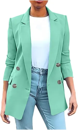 Wkishenl Blazers for Women Casual Long Sleeve Lapel Blazer Jackets Solid Button Open Front Jacket Plus Size Business Coats