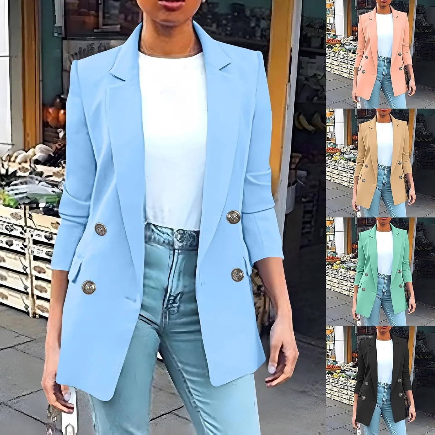 Wkishenl Blazers for Women Casual Long Sleeve Lapel Blazer Jackets Solid Button Open Front Jacket Plus Size Business Coats