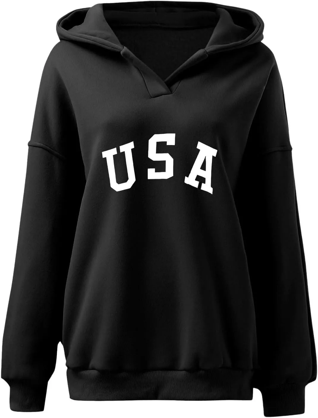 Woman Sweatshirt Fashion Letter Pattern Neck Hooded Long Sleeve Hoodie Top Loose Solid Vacation Sweatshirt