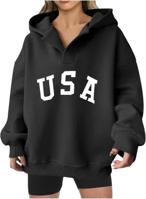 Woman Sweatshirt Fashion Letter Pattern Neck Hooded Long Sleeve Hoodie Top Loose Solid Vacation Sweatshirt