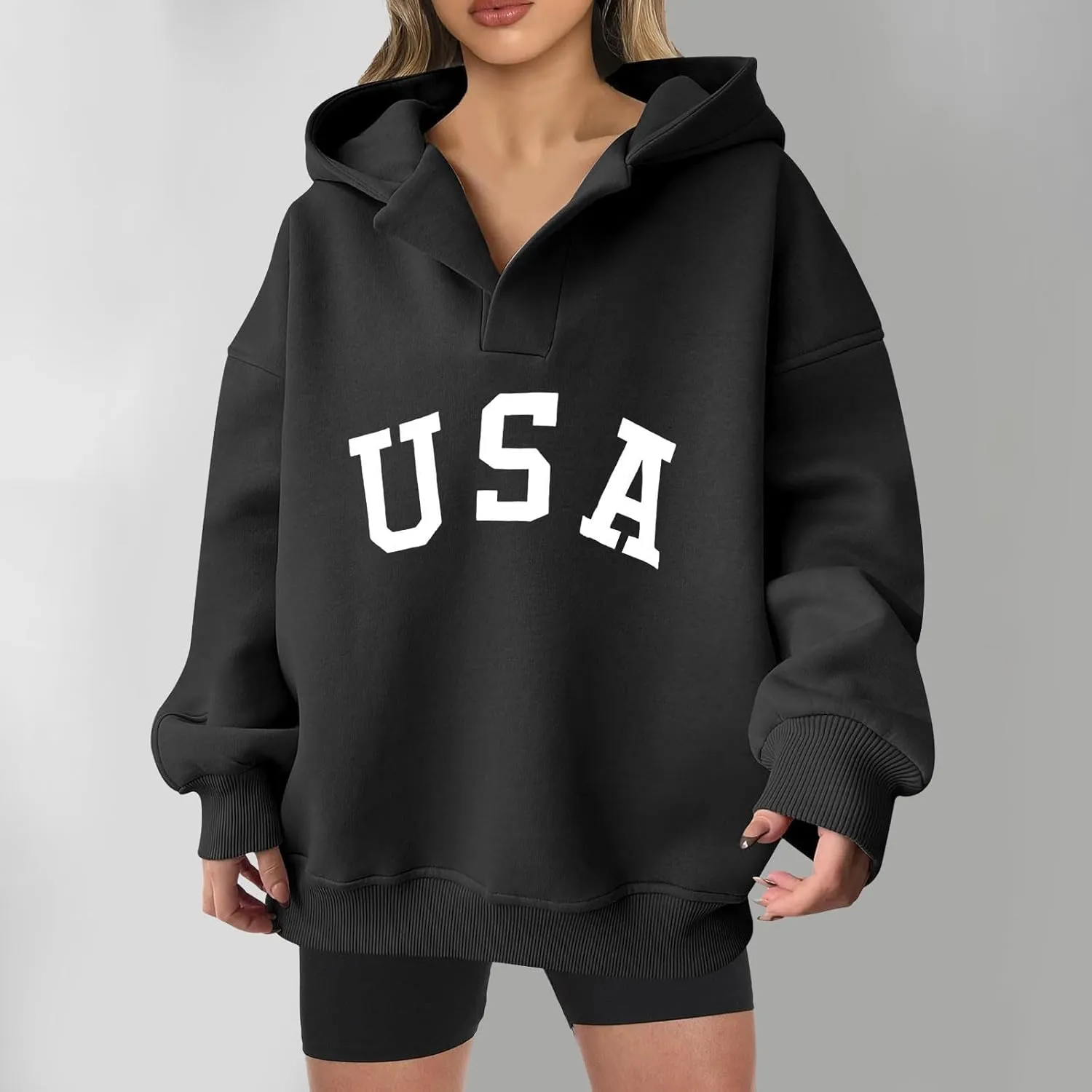 Woman Sweatshirt Fashion Letter Pattern Neck Hooded Long Sleeve Hoodie Top Loose Solid Vacation Sweatshirt