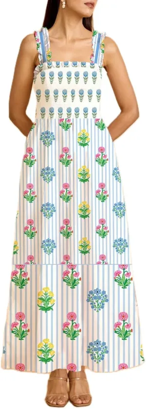 Women Boho Maxi Dresses Floral Spaghetti Straps Casual Smocked Beach Dress Square Neck A-line Flowy Sundress 2025 Summer