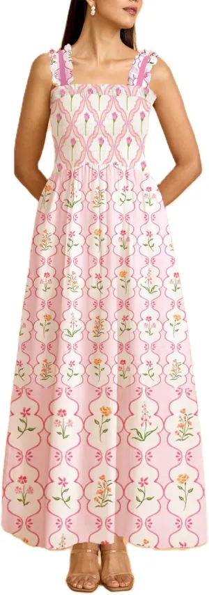 Women Boho Maxi Dresses Floral Spaghetti Straps Casual Smocked Beach Dress Square Neck A-line Flowy Sundress 2025 Summer