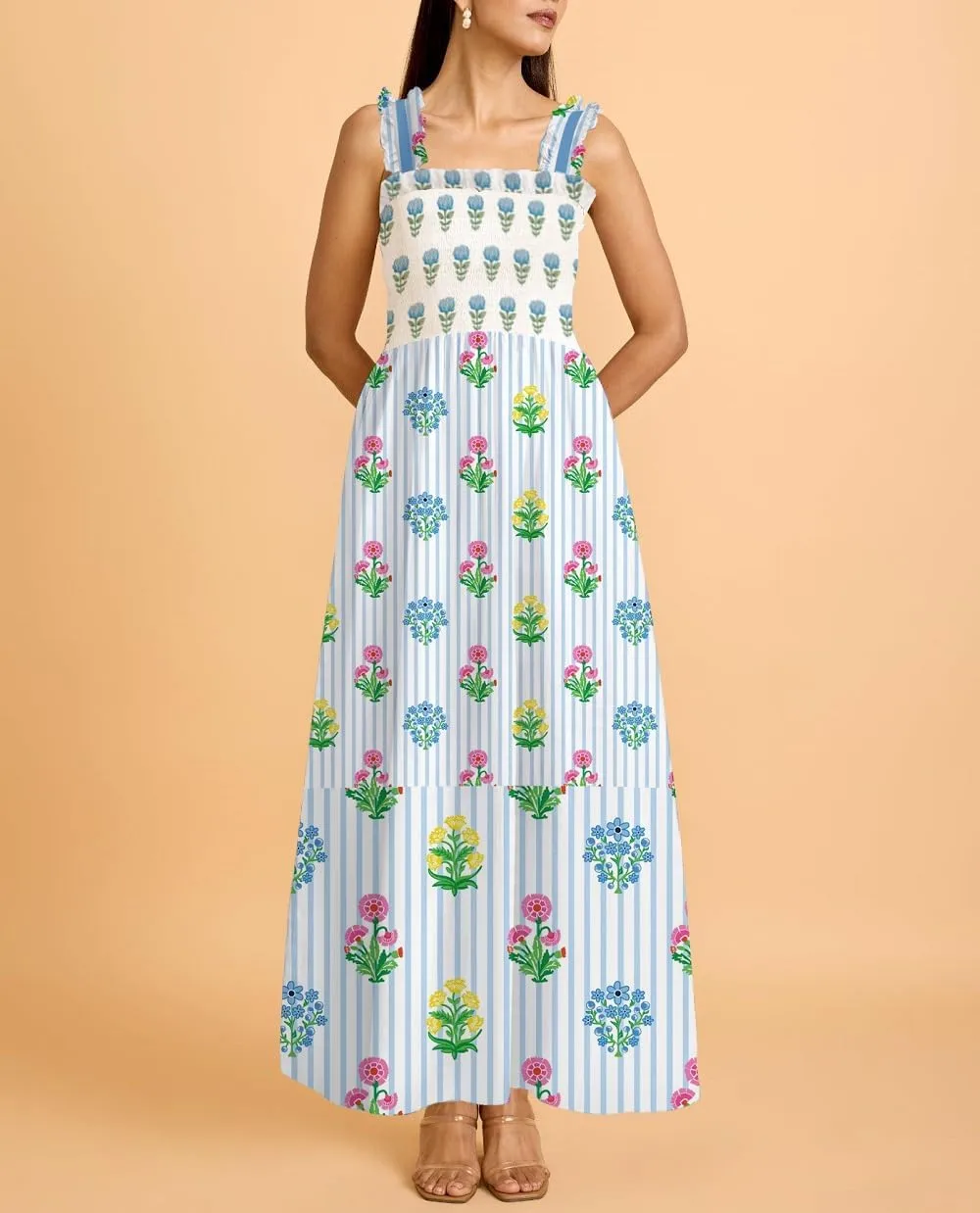 Women Boho Maxi Dresses Floral Spaghetti Straps Casual Smocked Beach Dress Square Neck A-line Flowy Sundress 2025 Summer