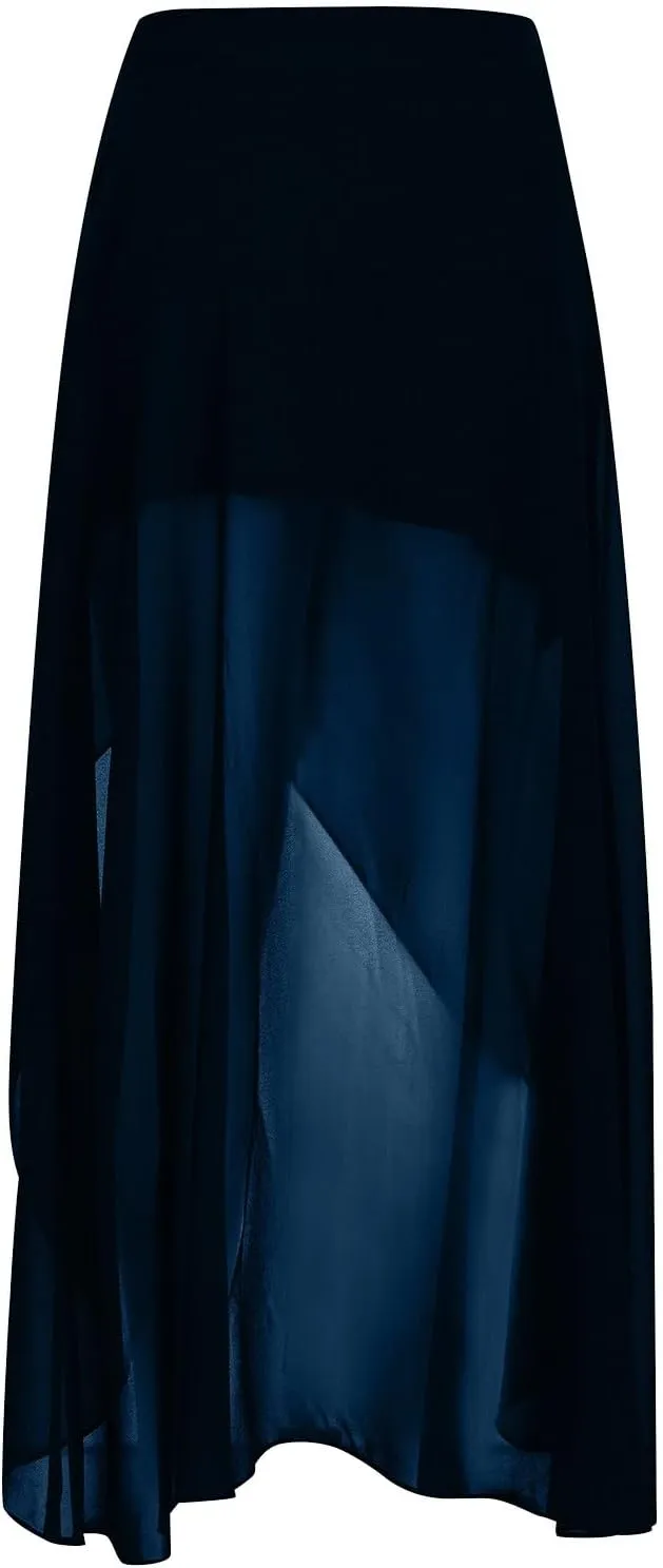 Women High Low Sheer Mesh Skirt High Waist Flowy Flare Hem Maxi Long Skirts