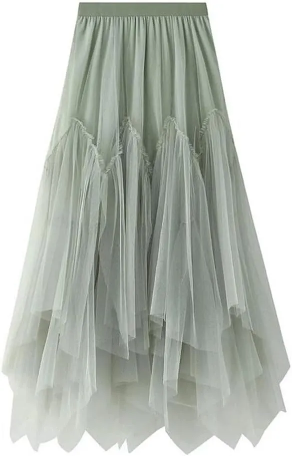 Women Irregular Long Skirts High Waist Ankle-Length Skirt Asymmetrical Elastic Waist Tulle Skirts