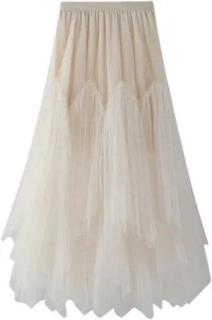 Women Irregular Long Skirts High Waist Ankle-Length Skirt Asymmetrical Elastic Waist Tulle Skirts