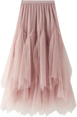 Women Irregular Long Skirts High Waist Ankle-Length Skirt Asymmetrical Elastic Waist Tulle Skirts