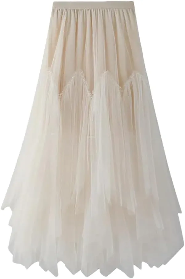 Women Irregular Long Skirts High Waist Ankle-Length Skirt Asymmetrical Elastic Waist Tulle Skirts
