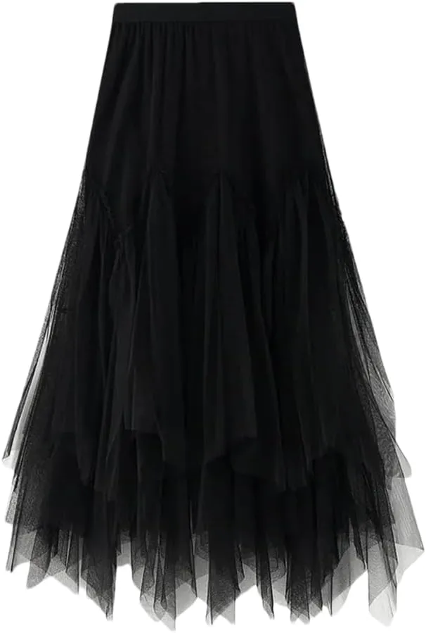 Women Irregular Long Skirts High Waist Ankle-Length Skirt Asymmetrical Elastic Waist Tulle Skirts