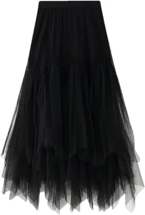 Women Irregular Long Skirts High Waist Ankle-Length Skirt Asymmetrical Elastic Waist Tulle Skirts