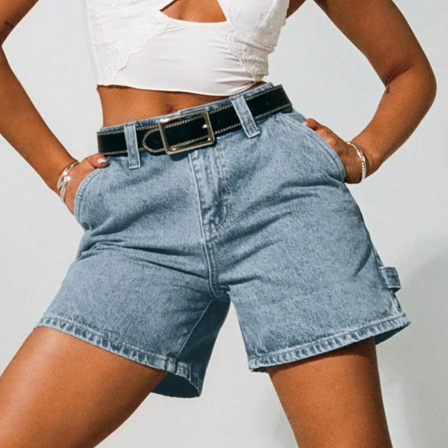 Women Jean Shorts High Waisted Carpenter Denim Shorts with Pockets Trendy Fashion Summer Shorts Women for Beach