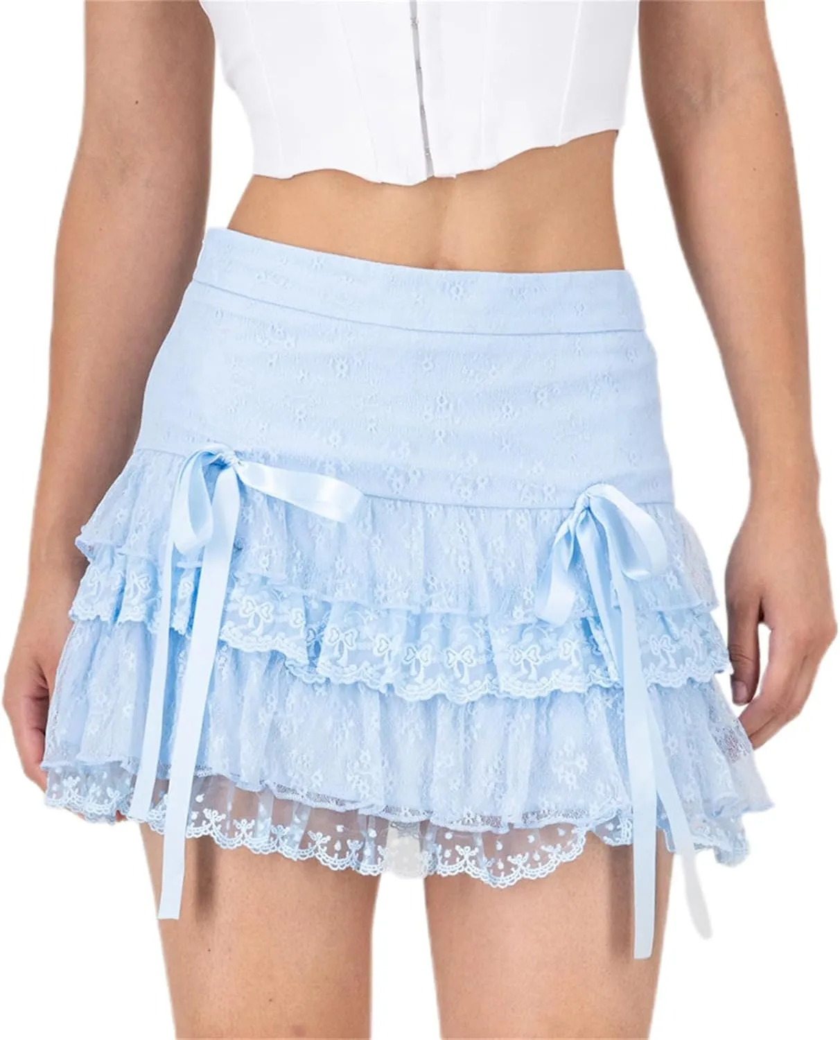 Women Lace Slip Mini Skirts Elastic Waist Layered Ruffle Pleated Skirts Y2k Floral Lace Tiered Short Underskirts