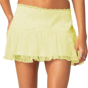 Women Lace Slip Mini Skirts Elastic Waist Layered Ruffle Pleated Skirts Y2k Floral Lace Tiered Short Underskirts