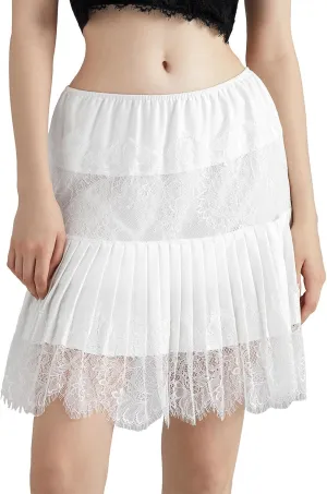 Women Lace Slip Mini Skirts Elastic Waist Layered Ruffle Pleated Skirts Y2k Floral Lace Tiered Short Underskirts