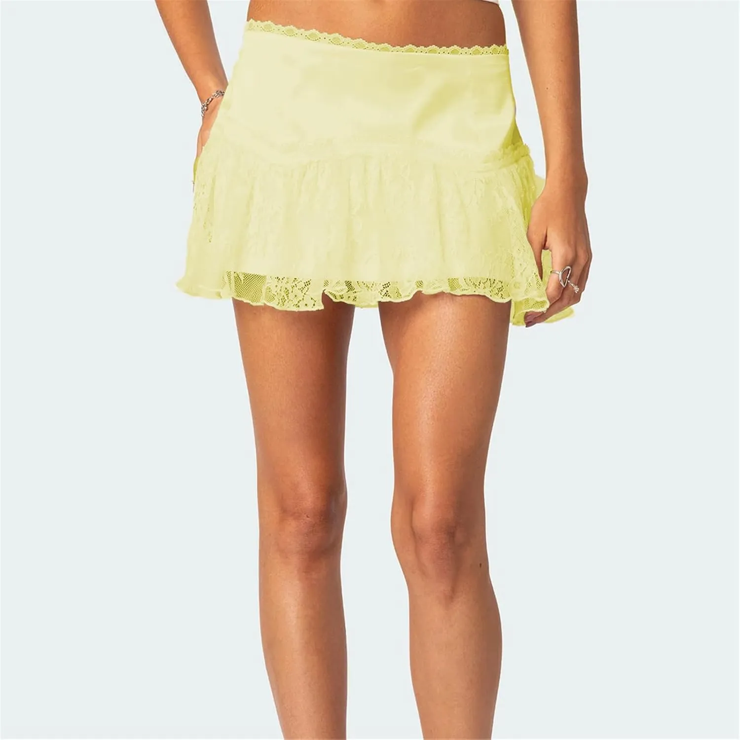 Women Lace Slip Mini Skirts Elastic Waist Layered Ruffle Pleated Skirts Y2k Floral Lace Tiered Short Underskirts