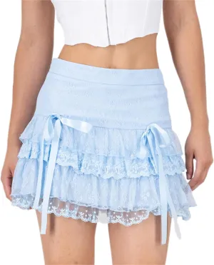 Women Lace Slip Mini Skirts Elastic Waist Layered Ruffle Pleated Skirts Y2k Floral Lace Tiered Short Underskirts