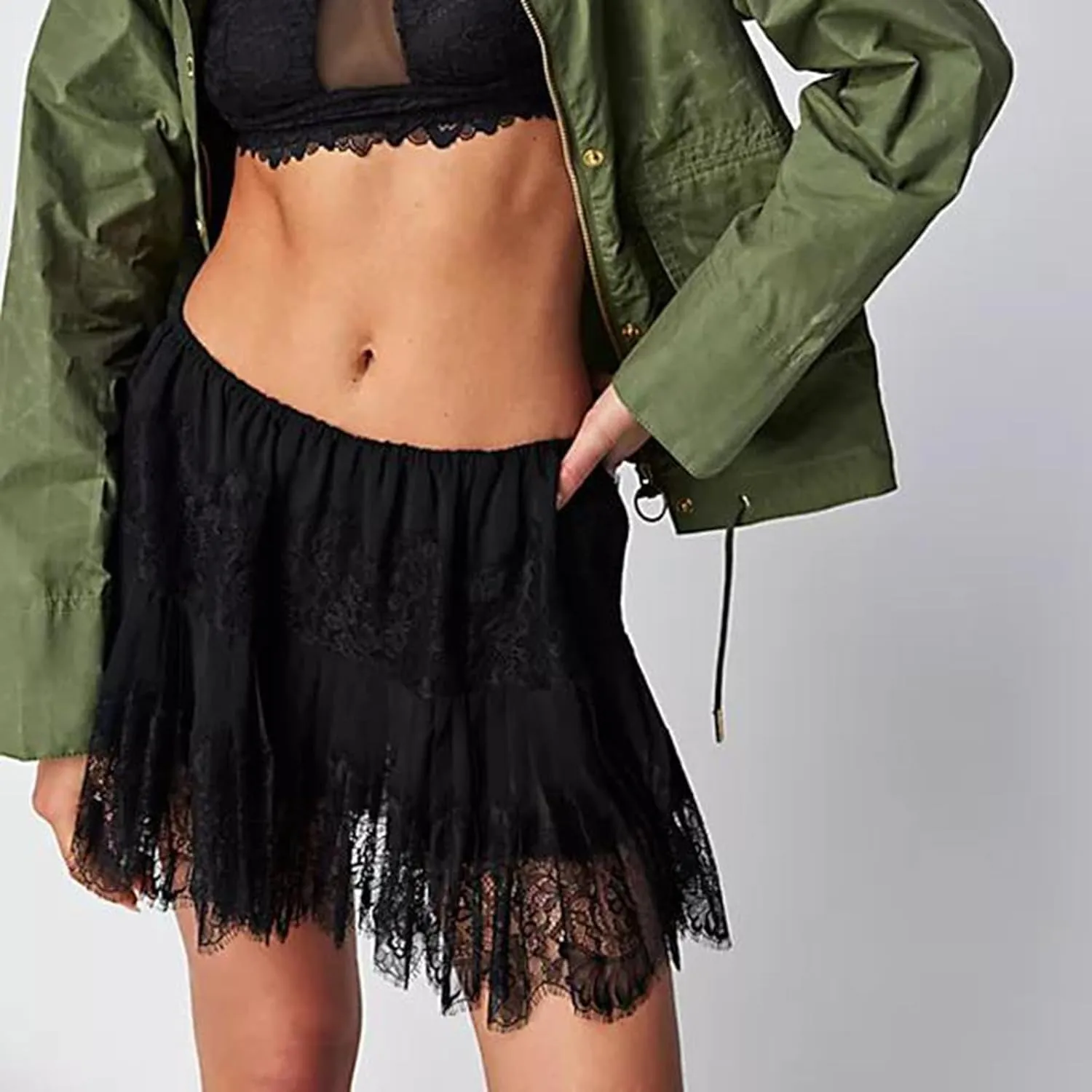 Women Lace Slip Mini Skirts Elastic Waist Layered Ruffle Pleated Skirts Y2k Floral Lace Tiered Short Underskirts