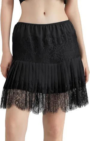 Women Lace Slip Mini Skirts Elastic Waist Layered Ruffle Pleated Skirts Y2k Floral Lace Tiered Short Underskirts