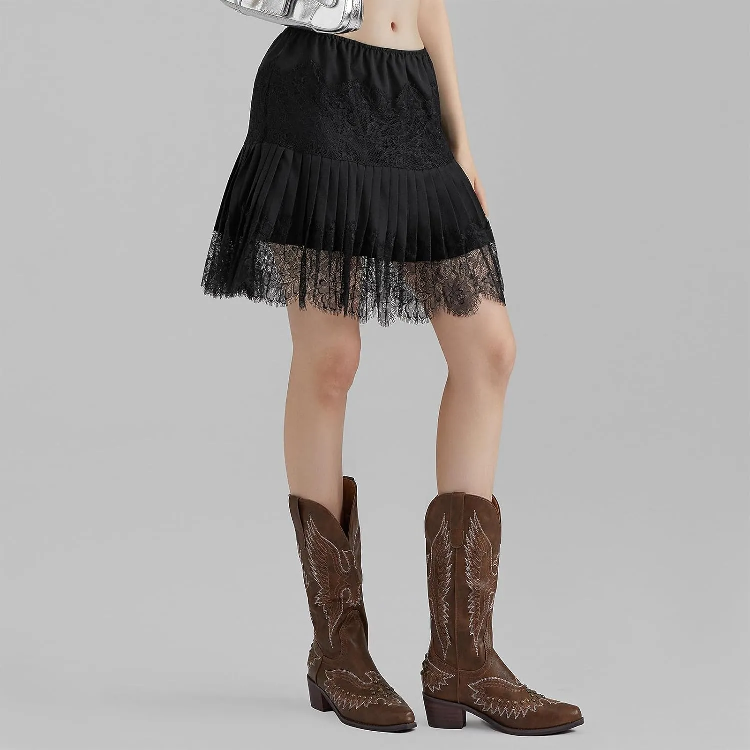 Women Lace Slip Mini Skirts Elastic Waist Layered Ruffle Pleated Skirts Y2k Floral Lace Tiered Short Underskirts