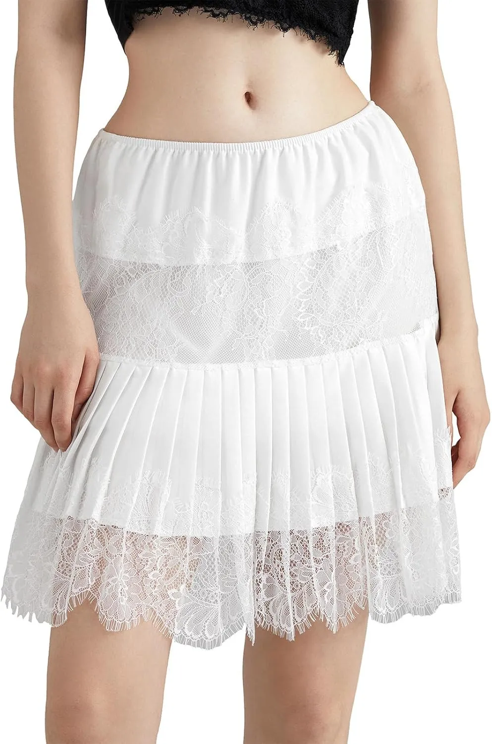 Women Lace Slip Mini Skirts Elastic Waist Layered Ruffle Pleated Skirts Y2k Floral Lace Tiered Short Underskirts