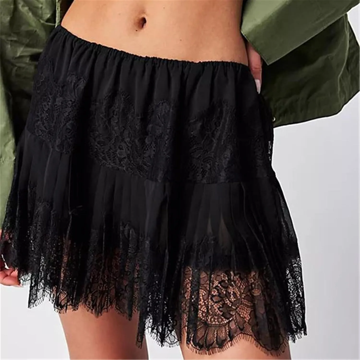 Women Lace Slip Mini Skirts Elastic Waist Layered Ruffle Pleated Skirts Y2k Floral Lace Tiered Short Underskirts
