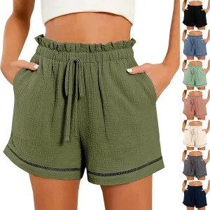 Women Linen Shorts Summer Casual Drawstring Flowy Shorts Wide Leg Shorts with Pockets Plus Size Beach Shorts