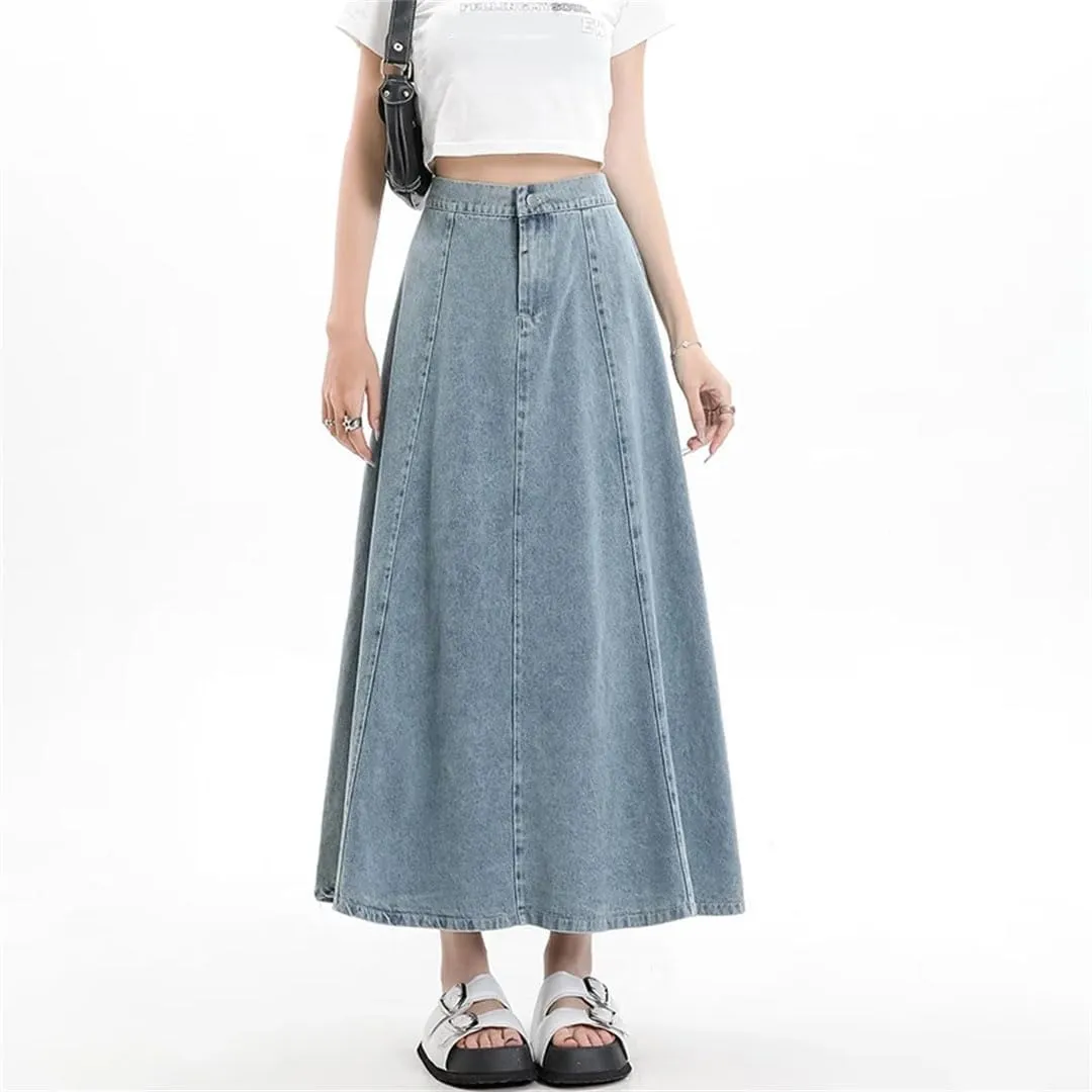 Women Long Denim Arrivals High Elastic Waist A Line Jeans Skirts Korean Casual Skirts